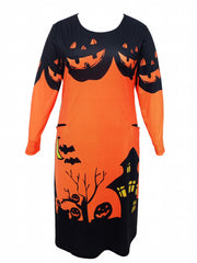 Women's Plus Horror Pumpkin Bat Castle Print Long Sleeve Dress