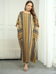 Patchwork Print Batwing Sleeve Loose Fit Maxi Jalabiya Dress