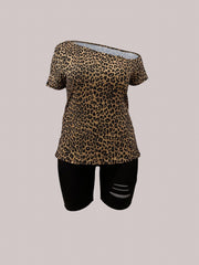 Plus Leopard Print Top & Ripped Shorts 2 Piece Set