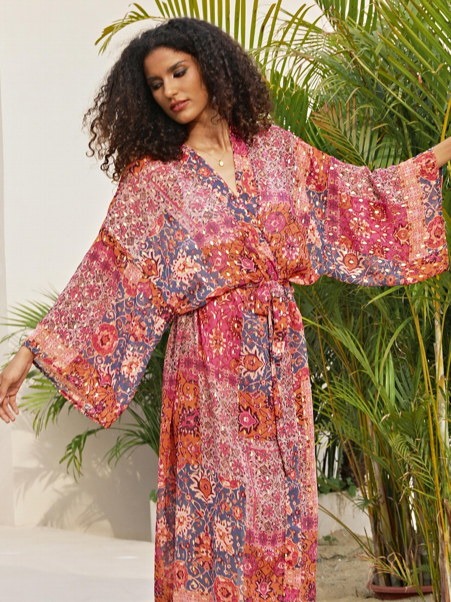 Floral Print Long Sleeve Plus Size Boho Cover Up Dress