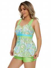 Boho Paisley Print Tankini Set Tie Front Criss Cross Back Tank Top