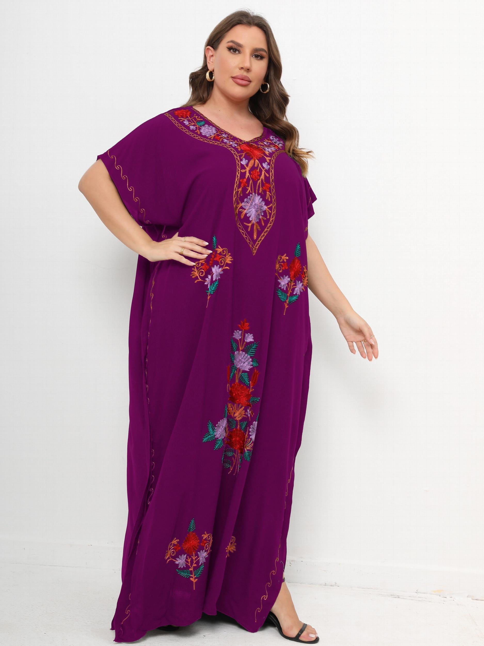 Women's Plus Boho Kaftan Dress Floral Embroidered Batwing Sleeve V Neck Maxi