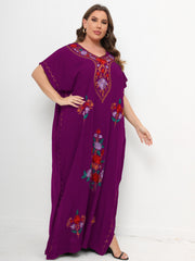 Women's Plus Boho Kaftan Dress Floral Embroidered Batwing Sleeve V Neck Maxi