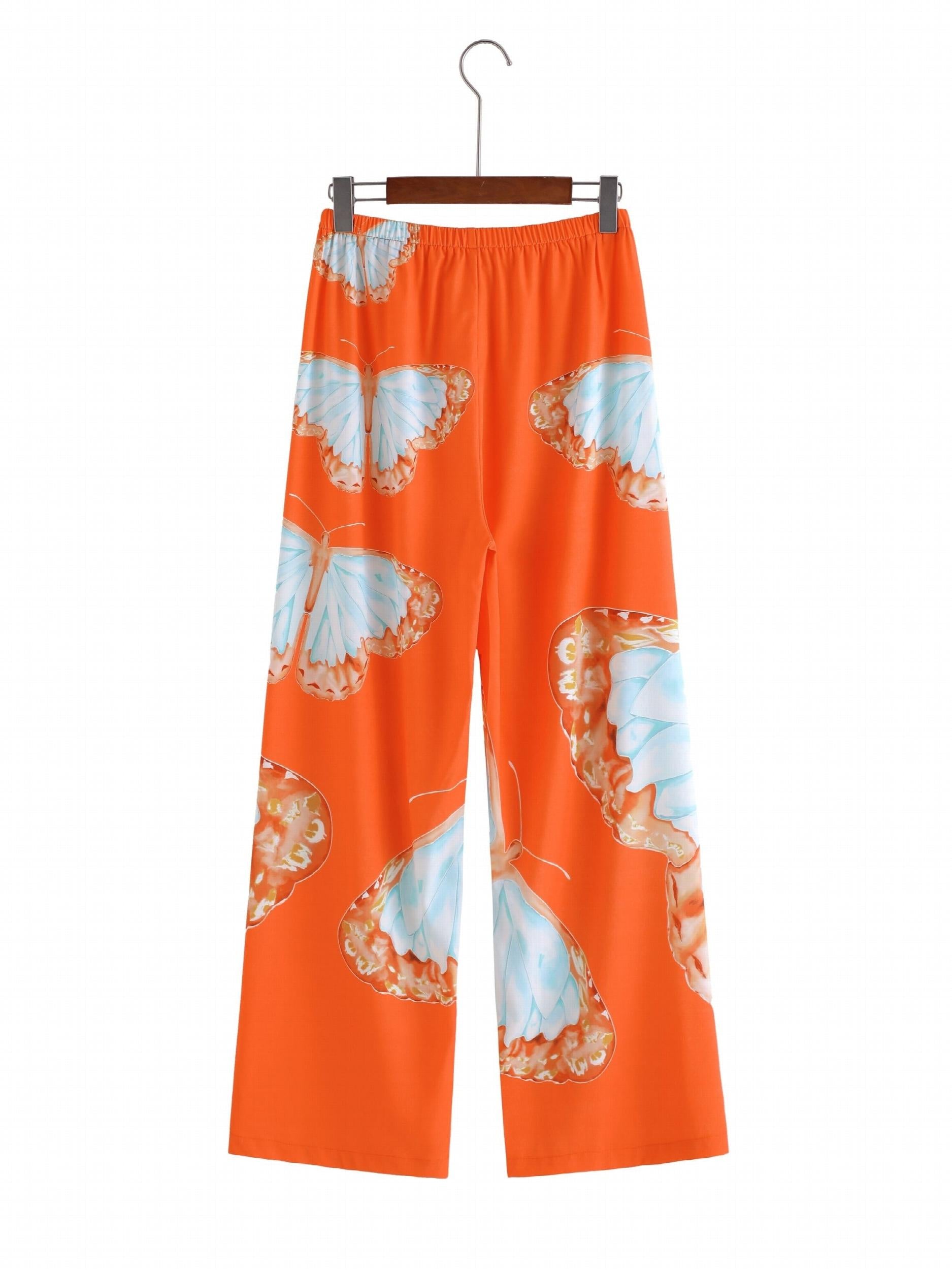 Orange Butterfly Print V Neck 2 Piece Beachwear Knot Front Kaftan Pants