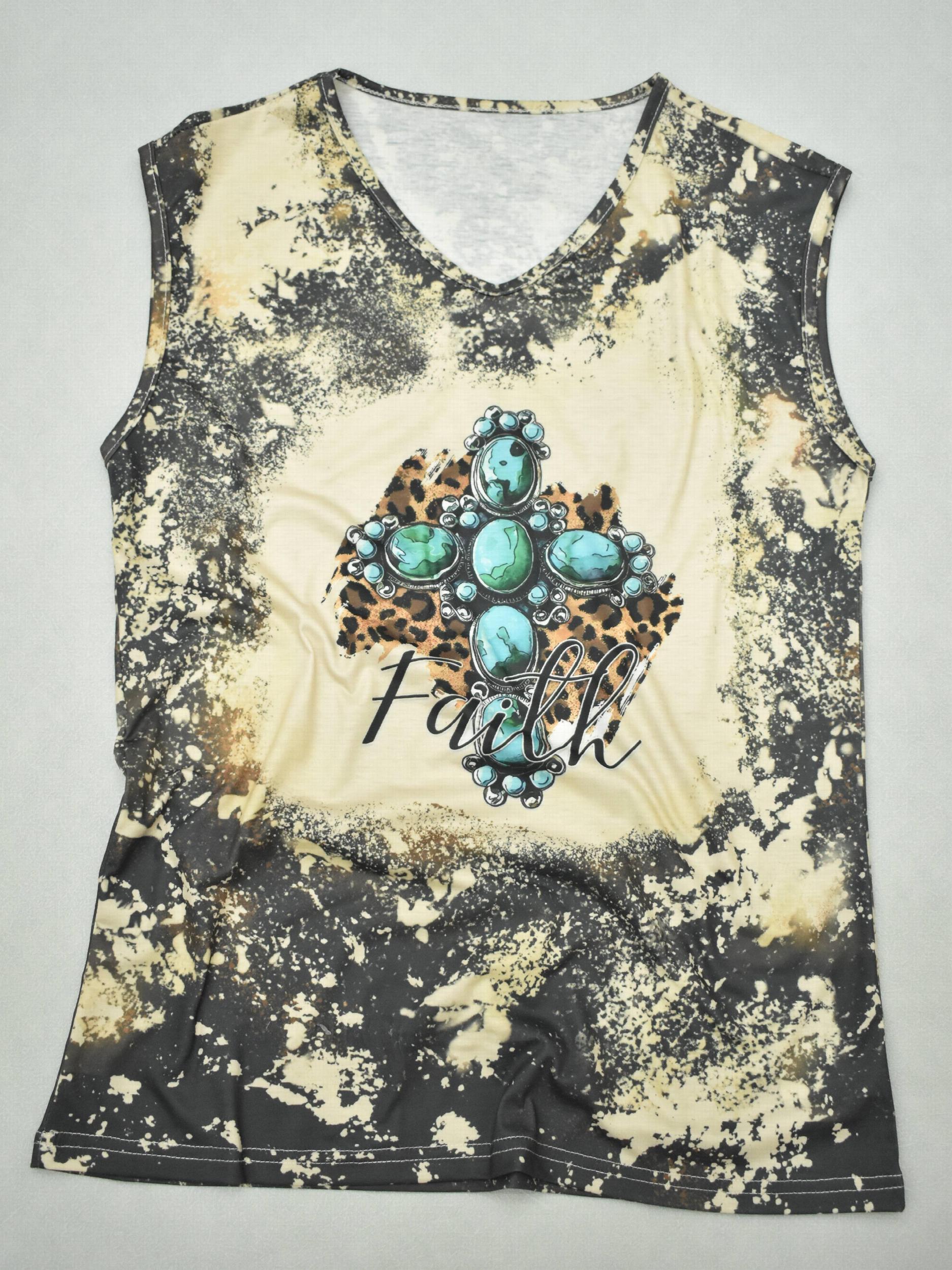 Faith Letter Print Tank Top Vintage V Neck Summer Sleeveless Tank Top