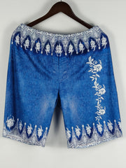 Denim & Floral Print Slim Fit Sporty Shorts