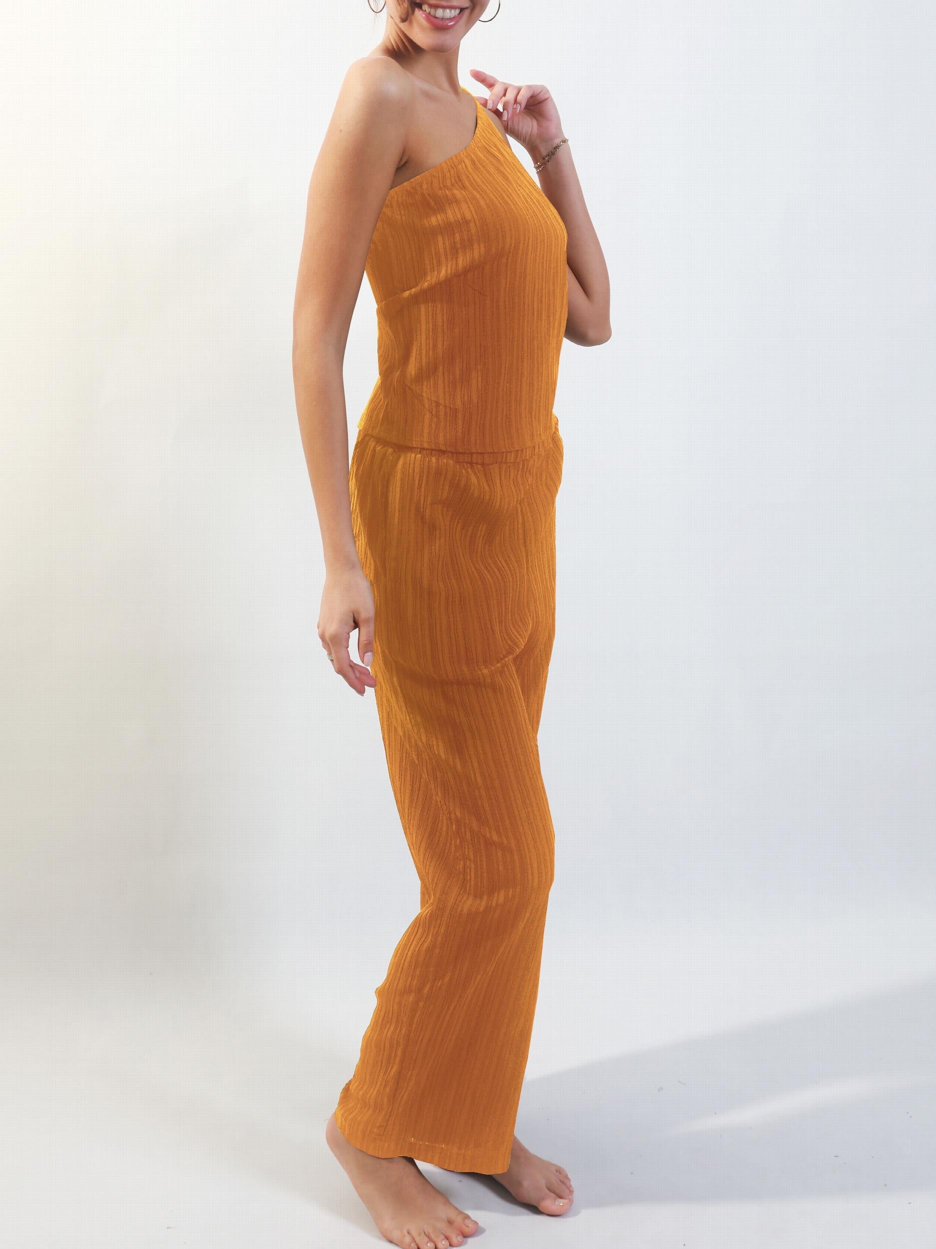 Ribbed Two piece Set One Shoulder Top & Wide Leg Pants