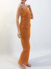 Ribbed Two piece Set One Shoulder Top & Wide Leg Pants