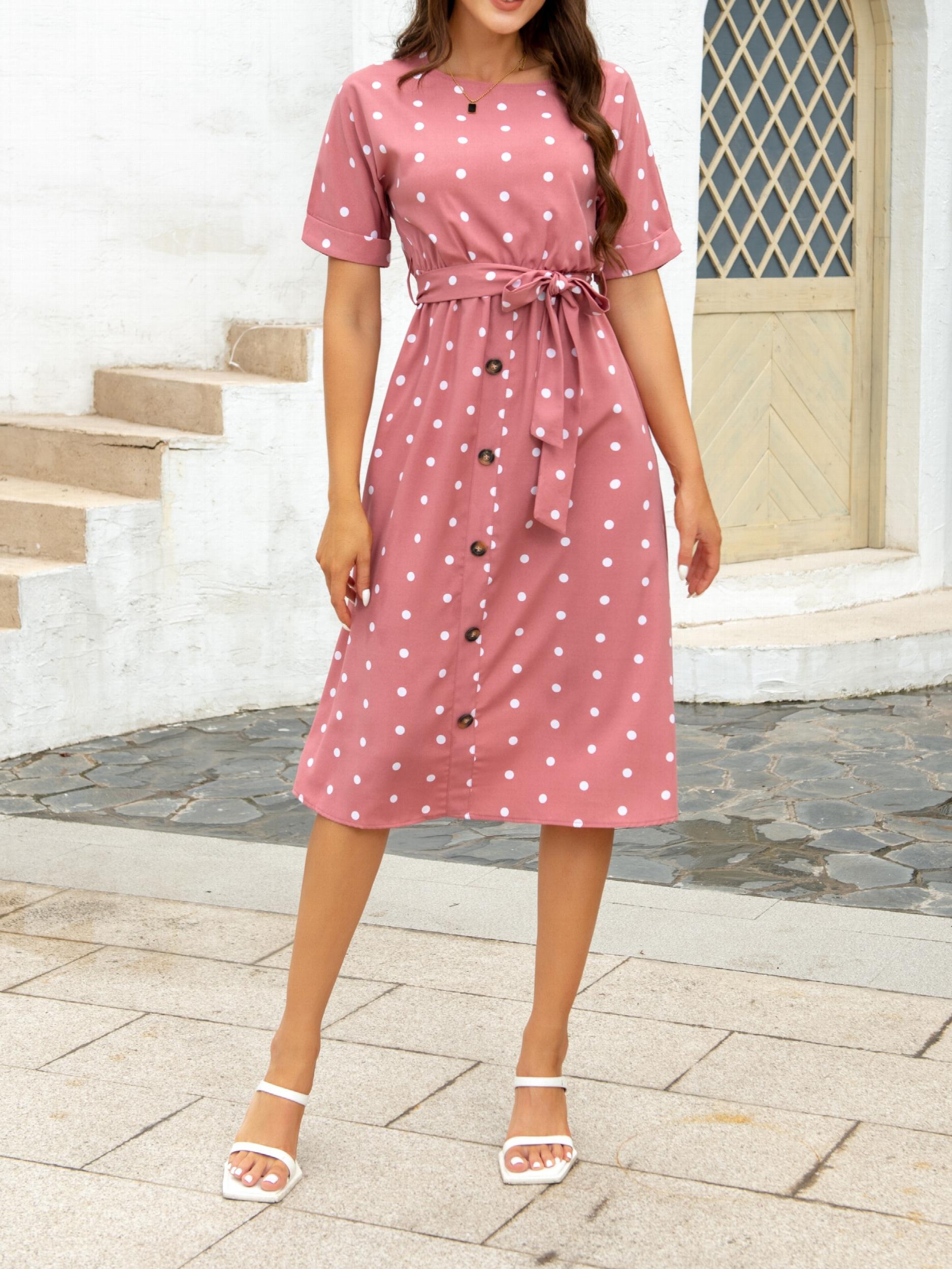 Polka Dot Crew Neck Dress Short Sleeve Knee Length Dress Women's Clothing