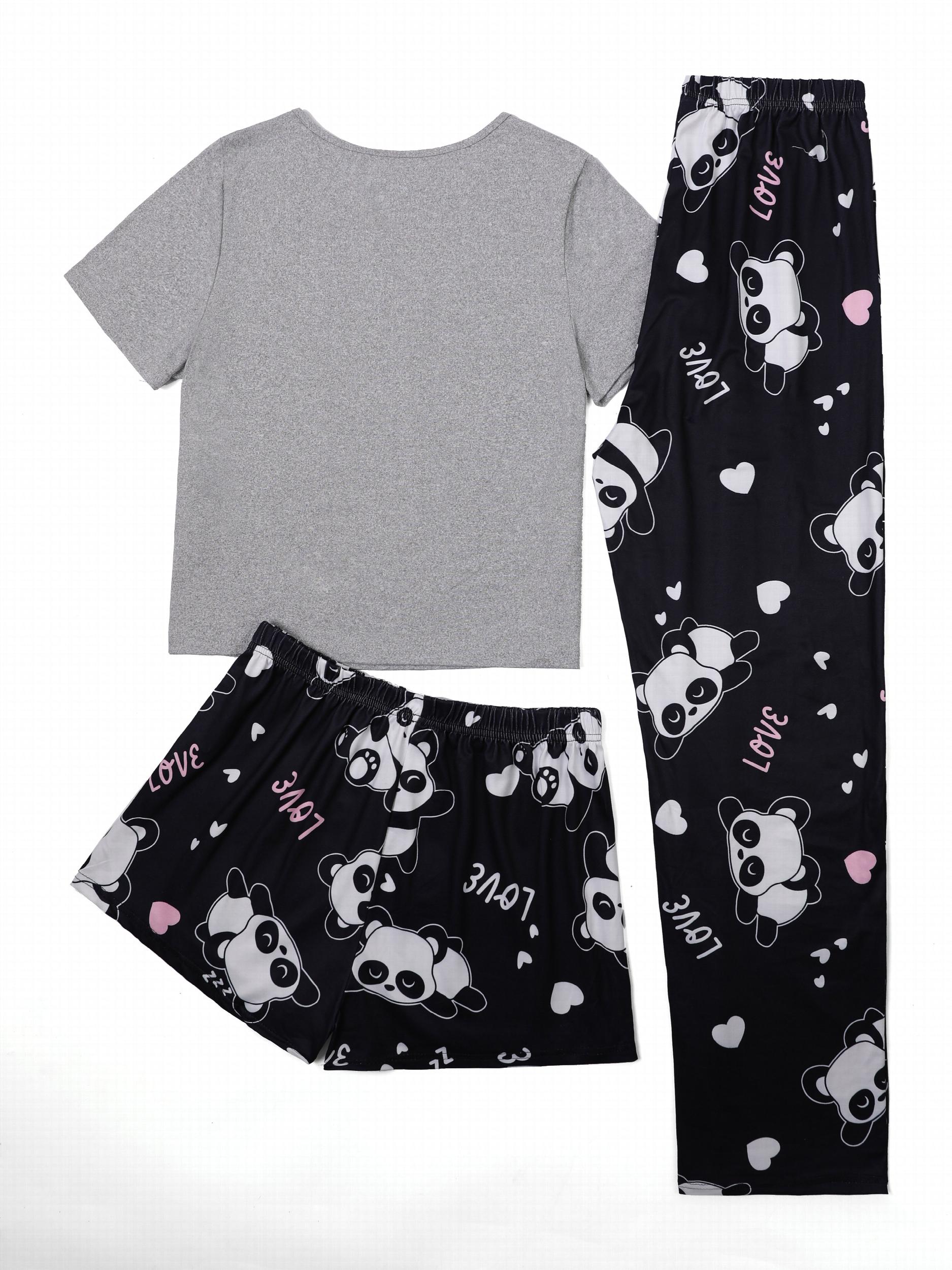 Panda Print Loungewear Set with Tee, Shorts & Pants