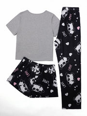 Panda Print Loungewear Set with Tee, Shorts & Pants
