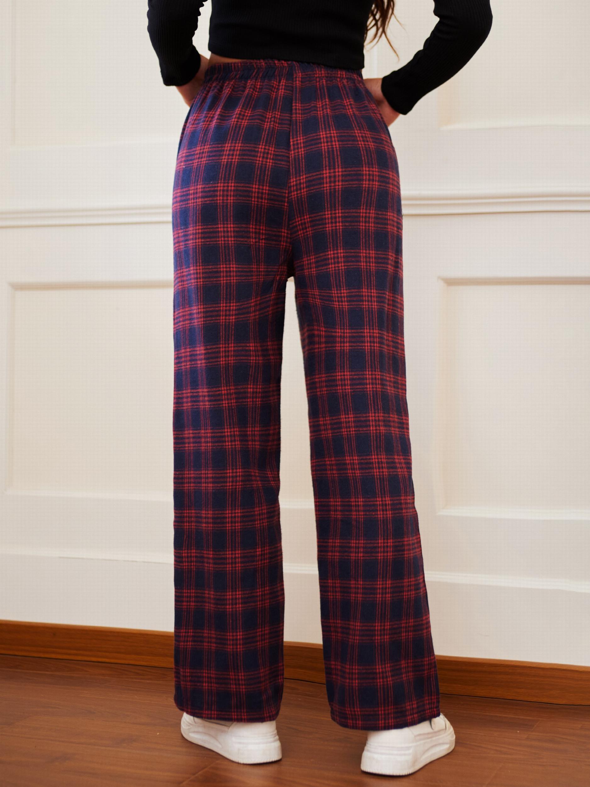 Plaid Elastic Waist Straight Leg Pants for Women