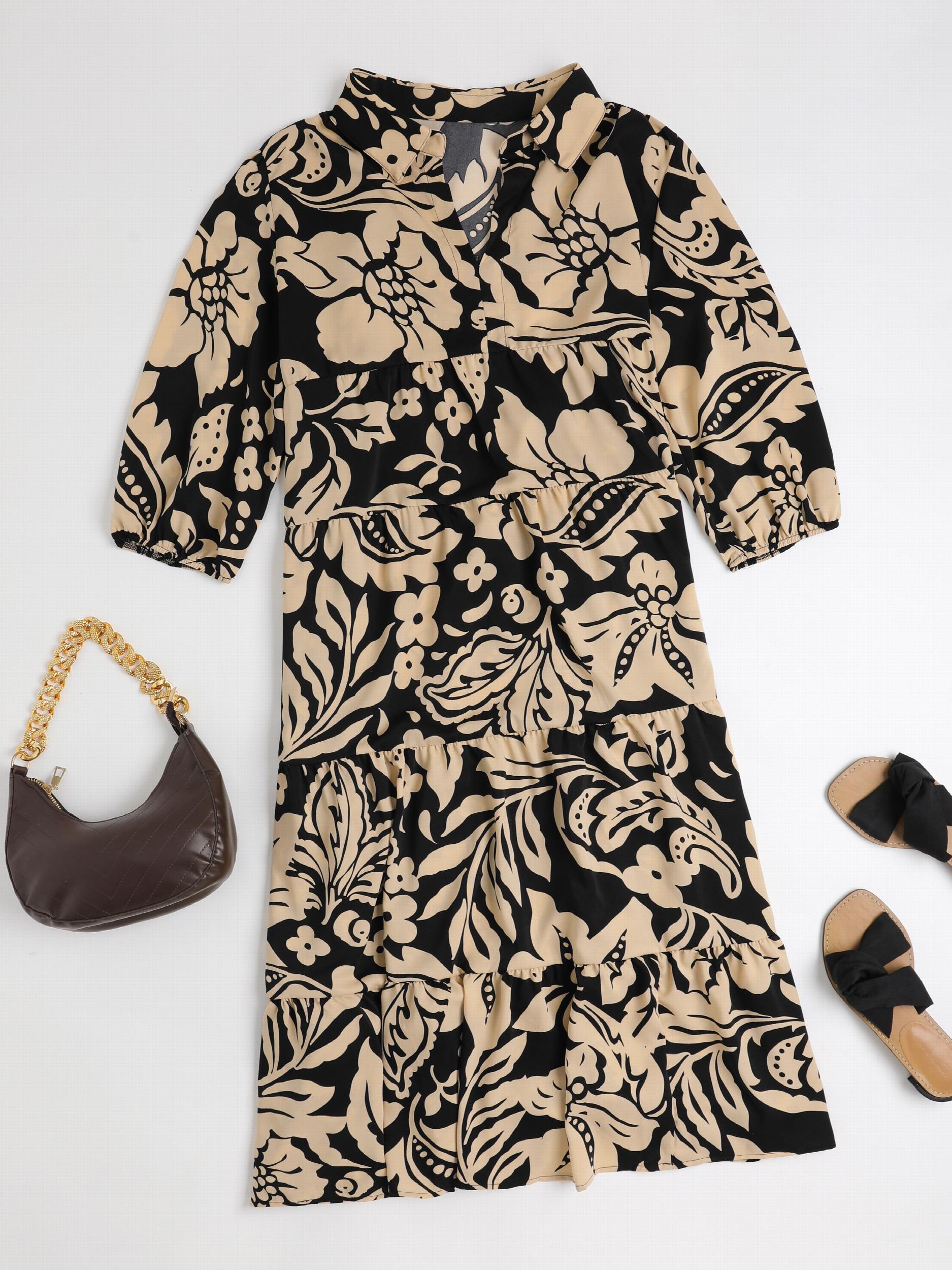 Women's Plus Floral Print Half Sleeve Notched Neck Dress