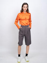 Ruched Knee Length Suit Shorts Wide Leg Pleat Front Tailored Shorts