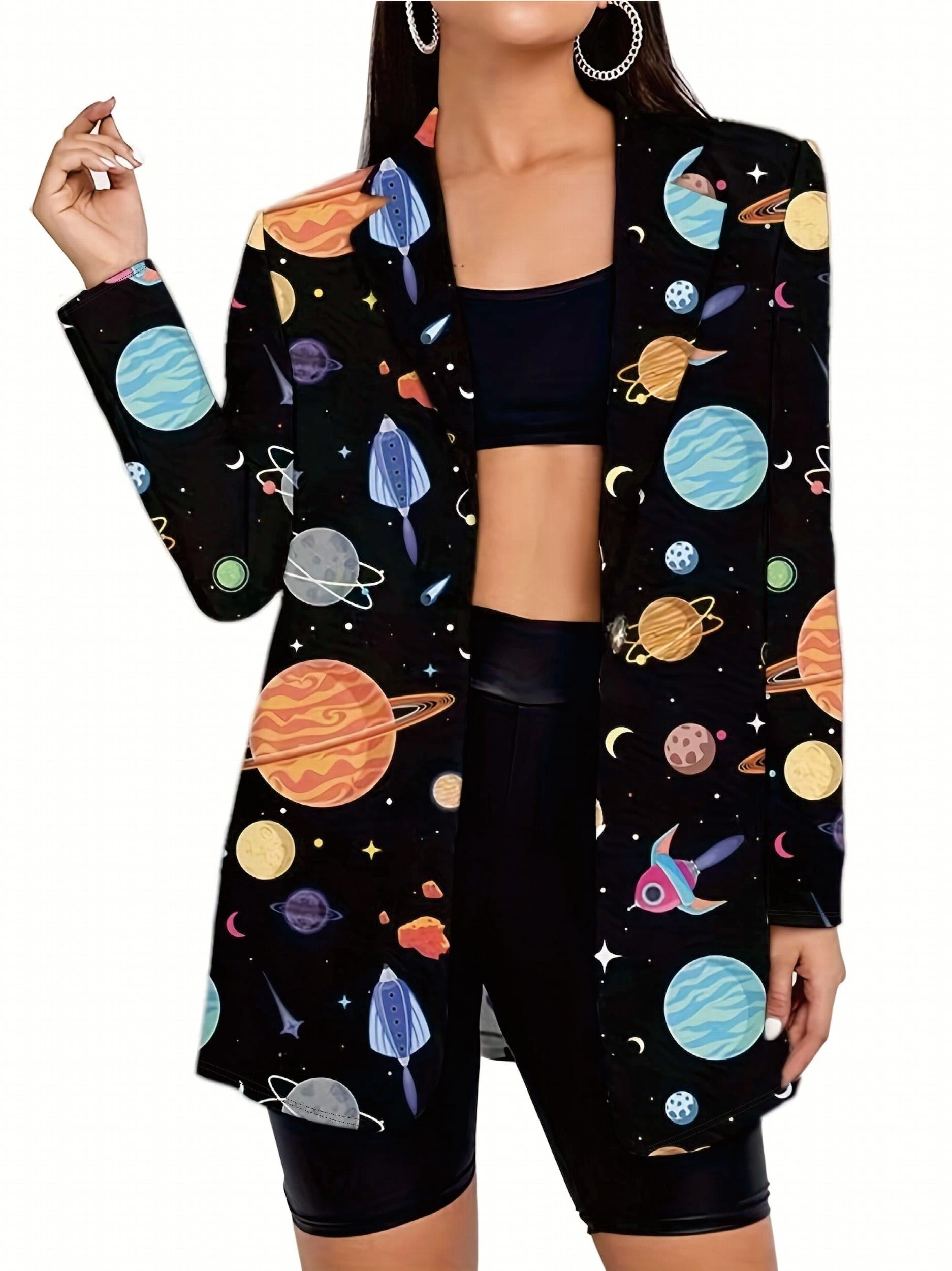 Y2K Planet Print Blazer Long Sleeve Single Button Lapel Collar
