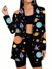 Y2K Planet Print Blazer Long Sleeve Single Button Lapel Collar