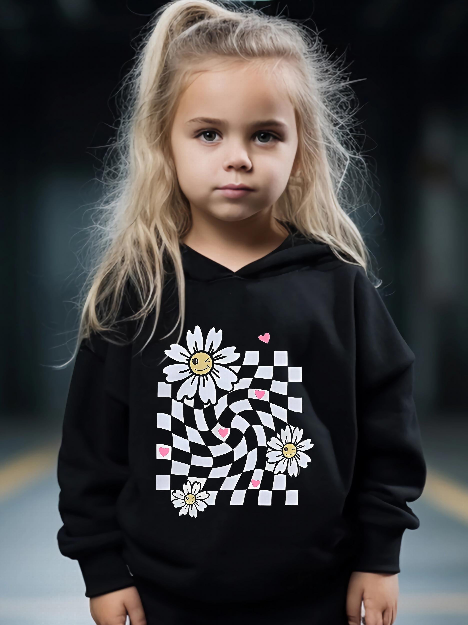 Daisy Pattern Long Sleeve Hooded Sweatshirt Girls Comfy Hoodie & Sweatpants
