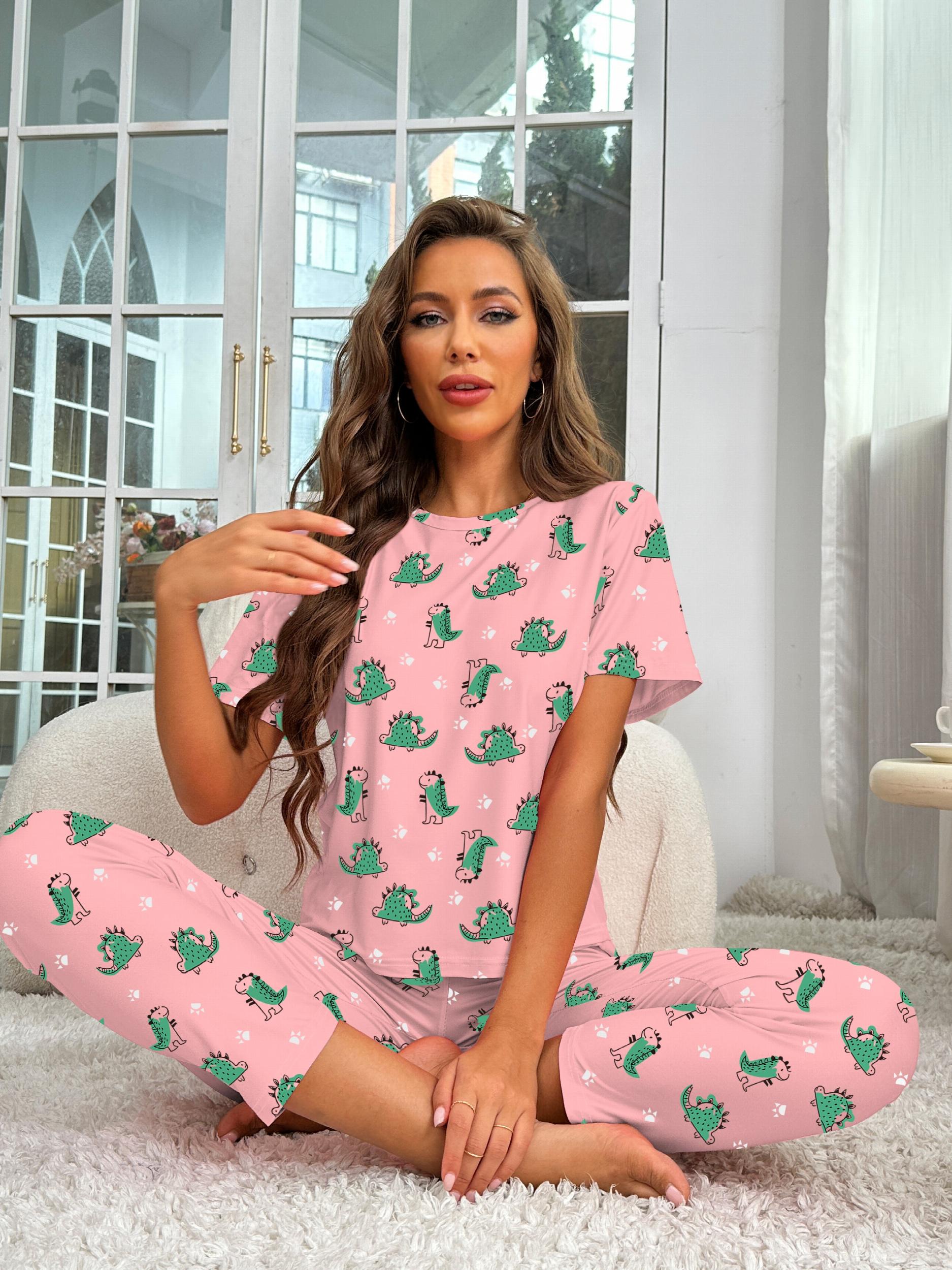 Dino Print Pajama Set Short Sleeve Top & Pants Women's Sleepwear