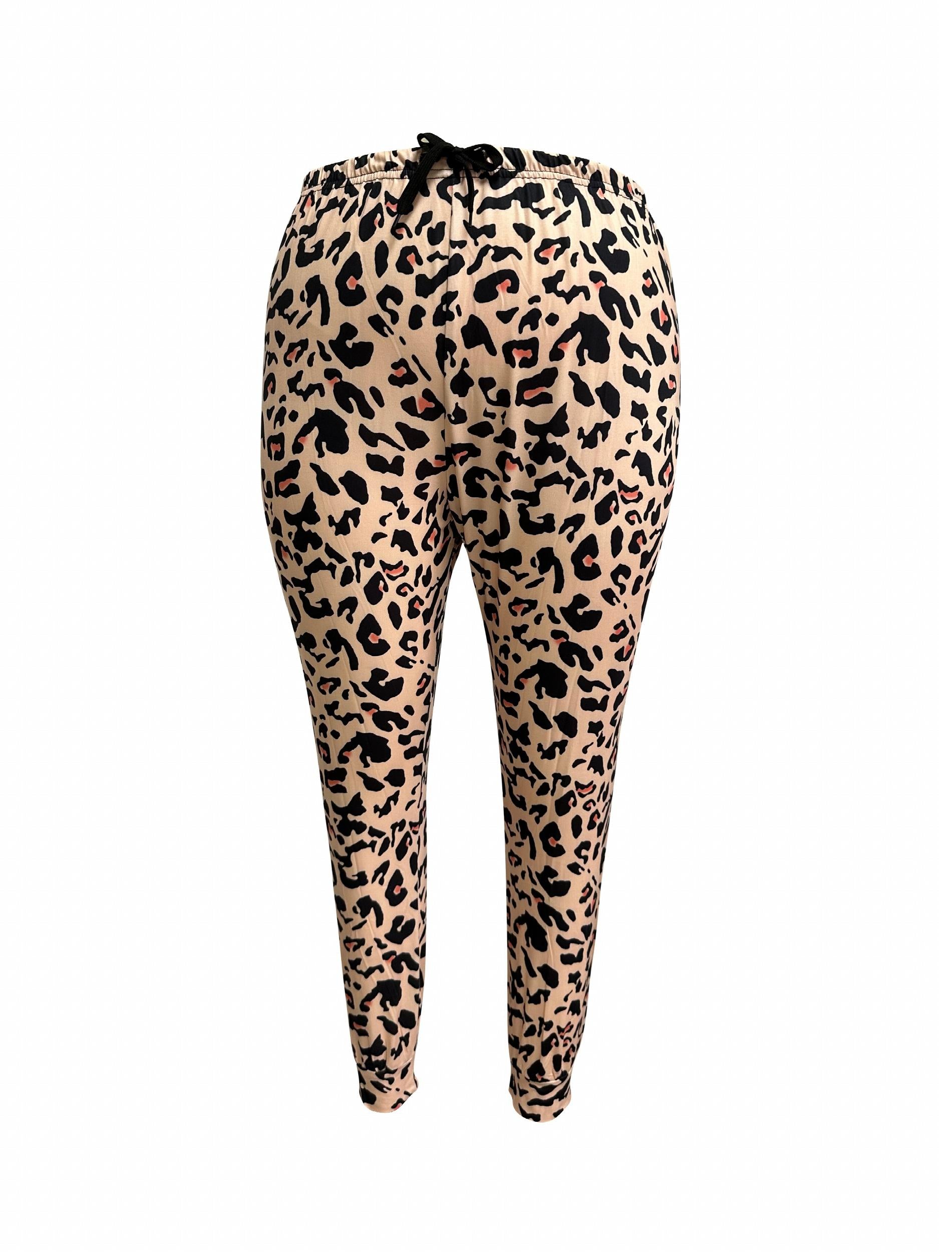 Leopard Print Plus Size Loungewear Set Long Sleeve Tee & Pants Pajama