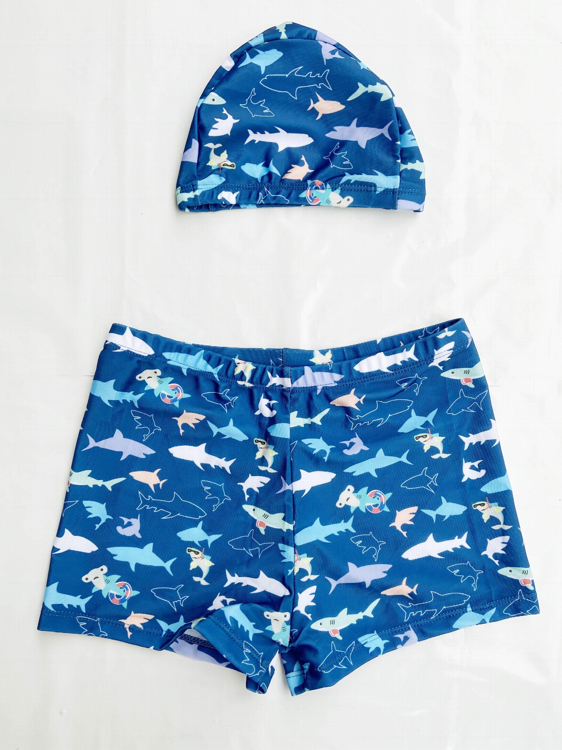 Boys Shark Print Swim Trunks & Cap Set for Beach Vacation