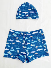 Boys Shark Print Swim Trunks & Cap Set for Beach Vacation