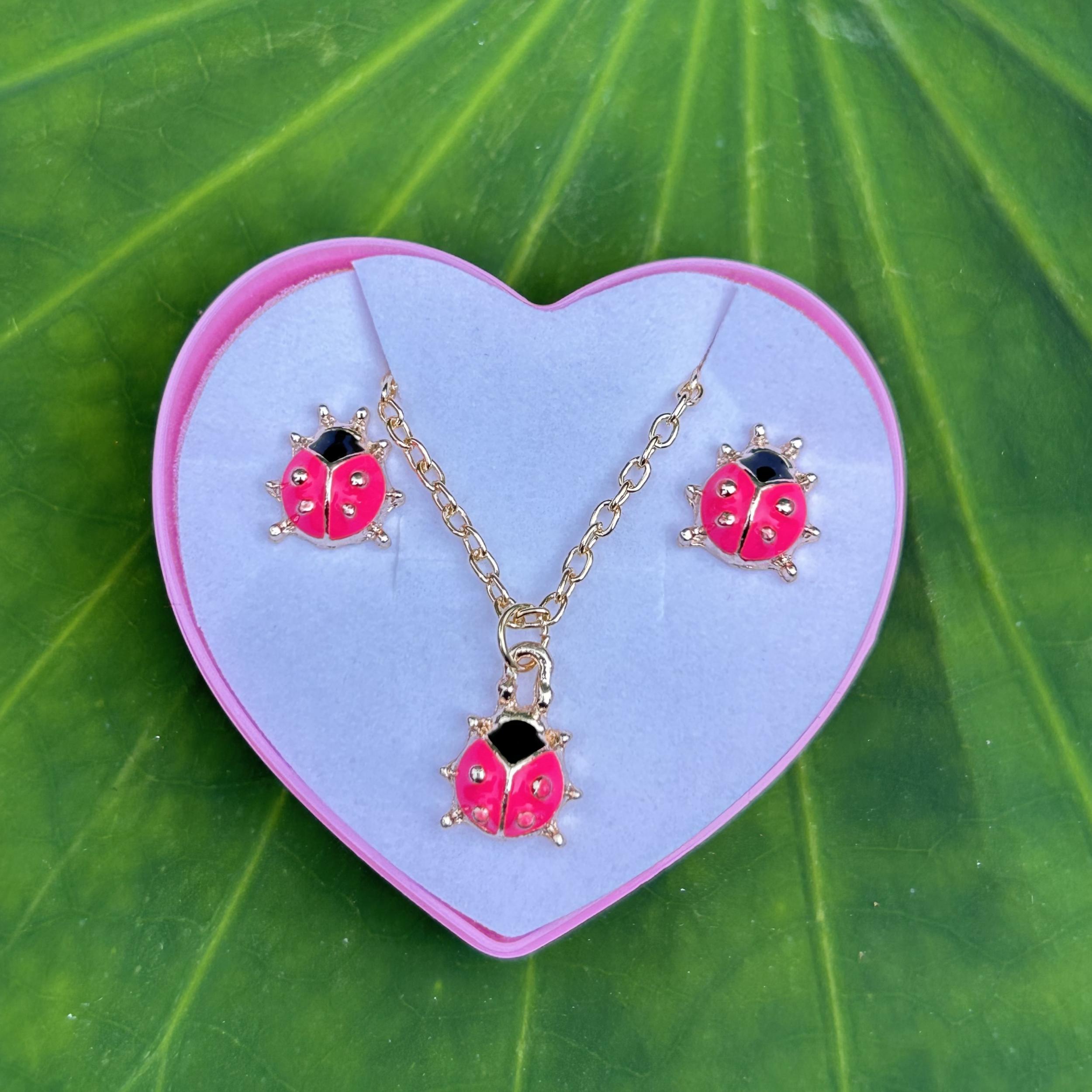 Colorful Insect Ladybug Pendant Necklace & Earrings Set For Girls