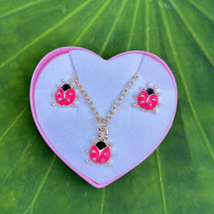 Colorful Insect Ladybug Pendant Necklace & Earrings Set For Girls