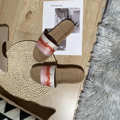 Women's Linen Flat Slides Casual Open Toe Non Slip Indoor Shoes
