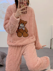 Cartoon Bear Pajama Set Long Sleeve Crew Neck Top & Pants