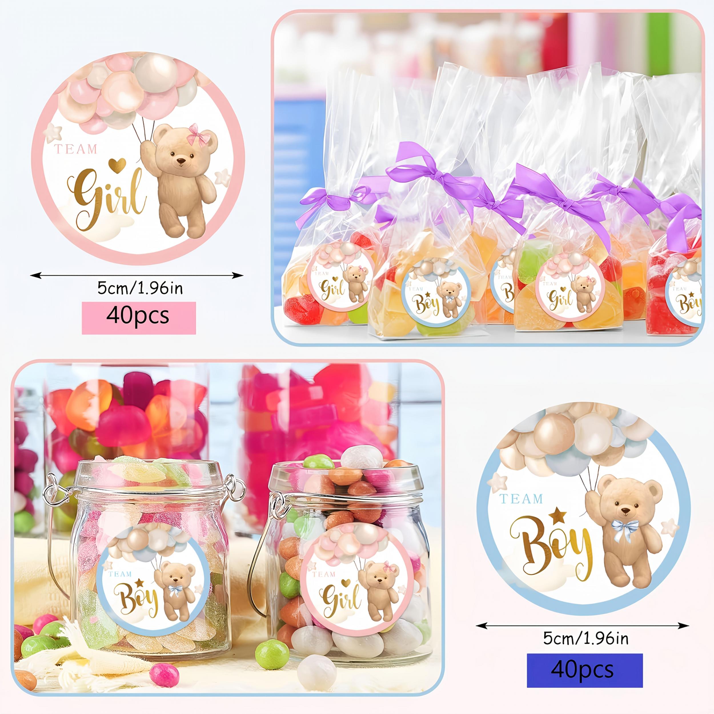 80pcs Bear Stickers Gender Reveal Boy Girl Paper Decals Pink Adhesive Round