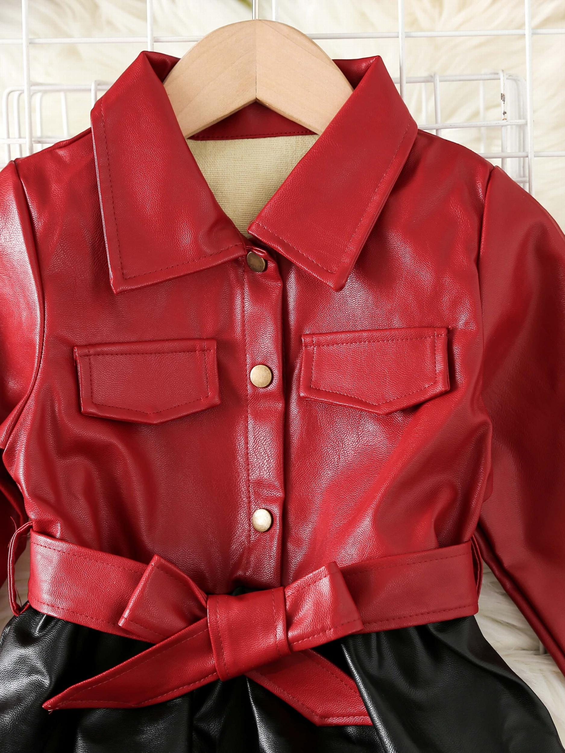 Baby Girls PU Leather Dress Long Sleeve Lapel With Belt Dress