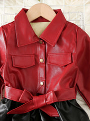 Baby Girls PU Leather Dress Long Sleeve Lapel With Belt Dress