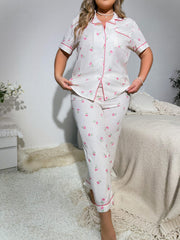 Tulip Print Pajama Set Short Sleeve Button Up Shirt & Pants