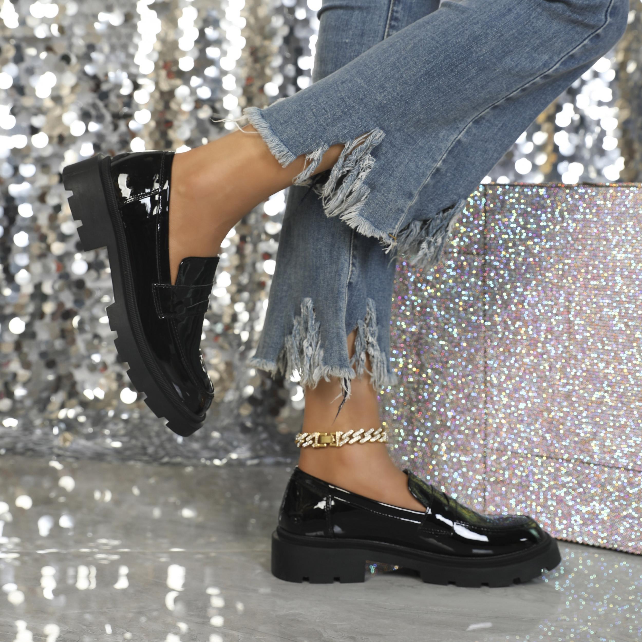 Patent Leather Platform Loafers Slip On Shoes