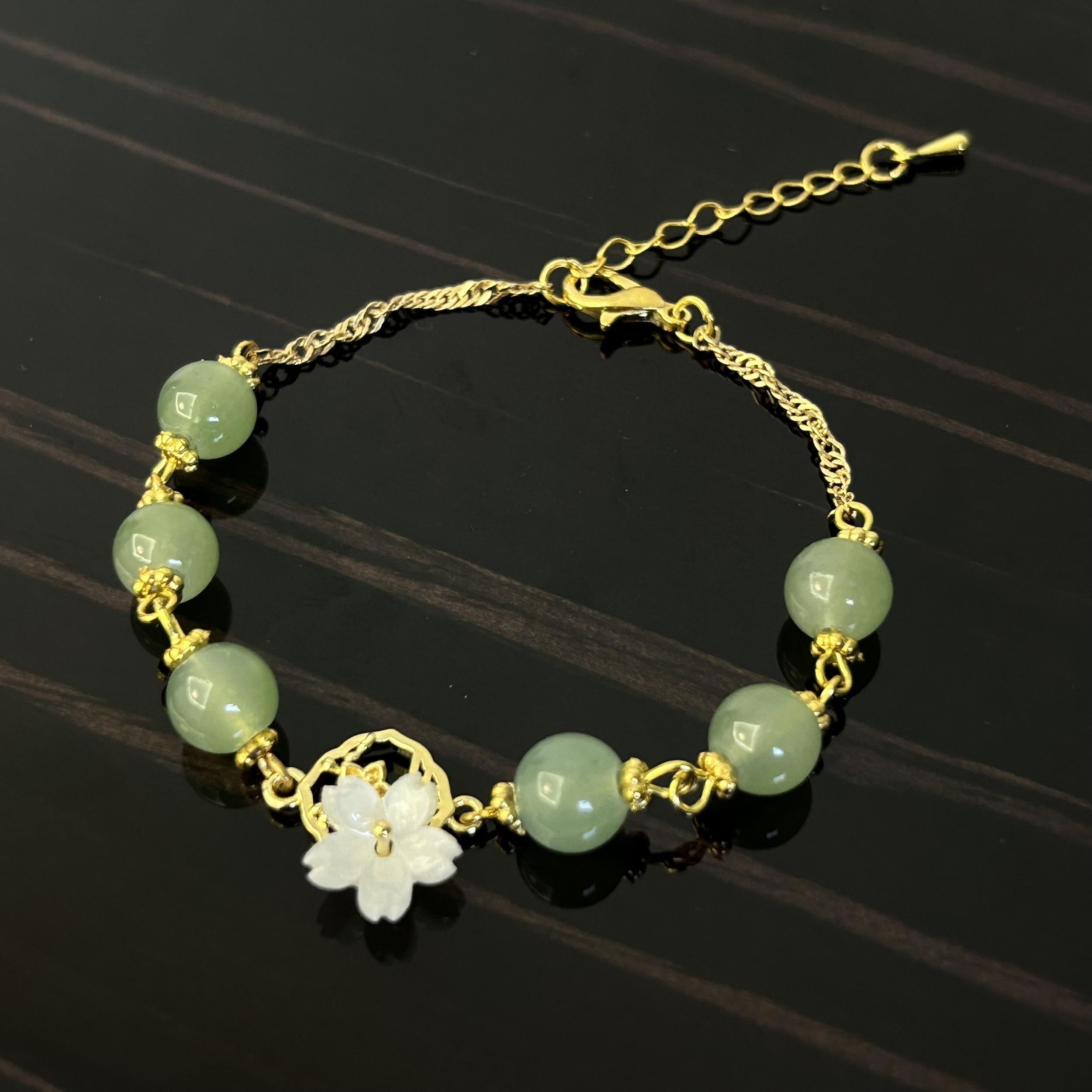 Peach Blossom Green Bead Bracelet - Chinese Style