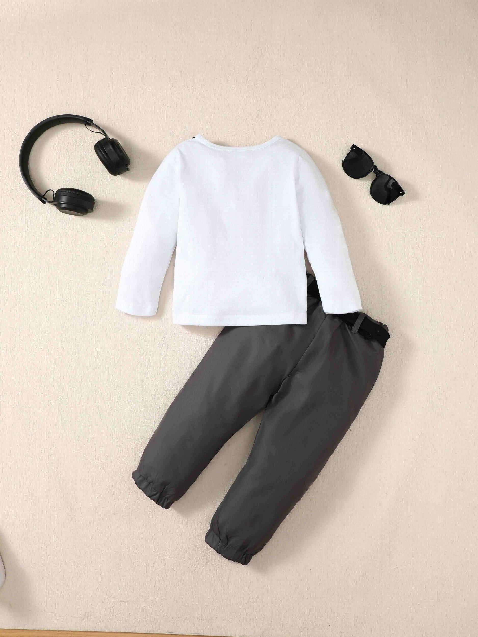 Boys 2pcs Sweatshirt Top & Joggers Pants Set Earphone Print Kids Clothes
