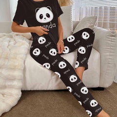 Panda Print Pajama Set Short Sleeve Top & Pants Women's Sleepwear