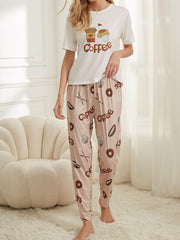 Coffee Print Pajama Set Short Sleeve Top & Pants Women's Sleepwear