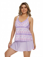 Paisley Print Tankini Set - V Neck Cami Top & Mini Skirt Swimsuit