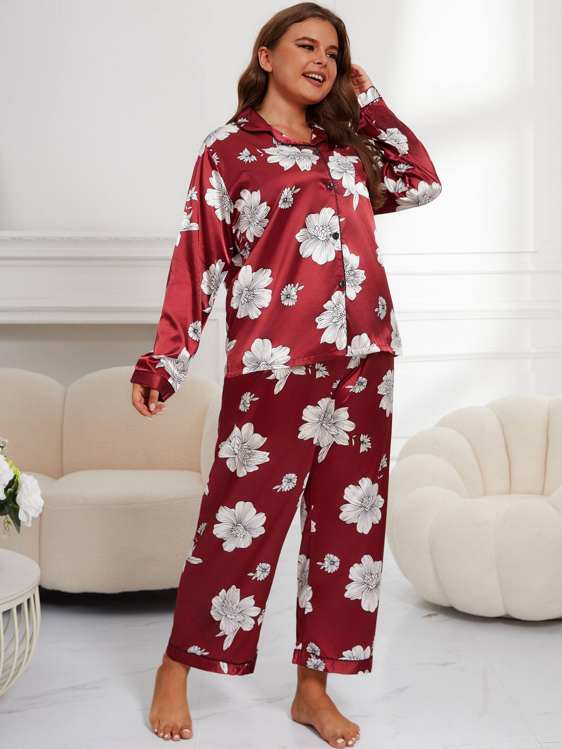 Floral Print Satin Shirt & Pants Pajamas Set