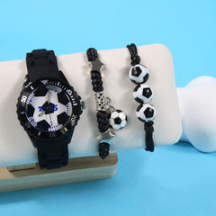 3pcs Football Fan Quartz Watch Set for Boys Students, Sports Style Soft Strap Wa