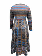 Plus Size Stripe Print Long Sleeve Round Neck High Stretch Dress