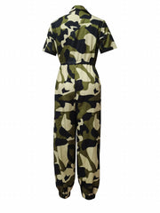 Camo Print Drawstring Waist Jumpsuit Short Sleeve Button Jumpsuit