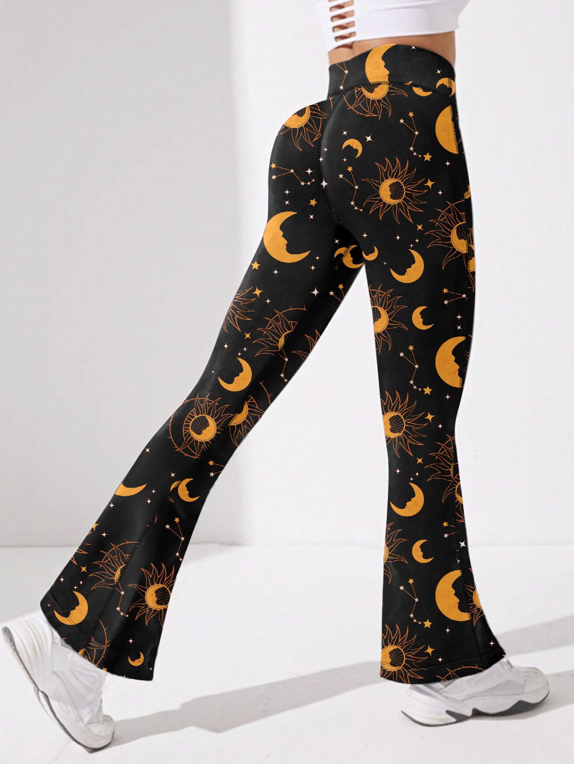 Moon & Star Print Flared Yoga Pants High Stretch Sports Trouser
