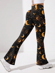 Moon & Star Print Flared Yoga Pants High Stretch Sports Trouser