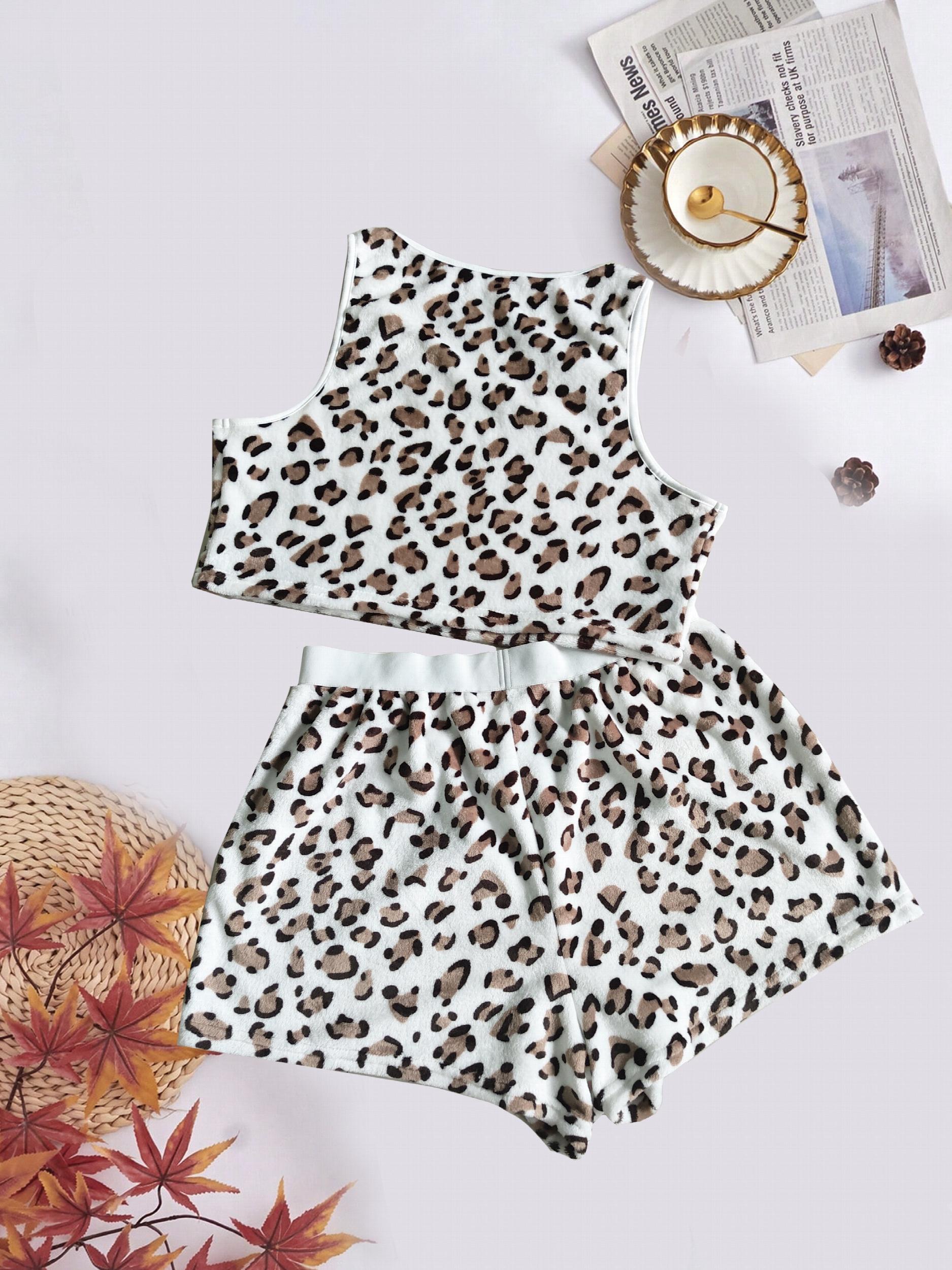 Leopard Print Plush Tank Top & Shorts Lounge Set