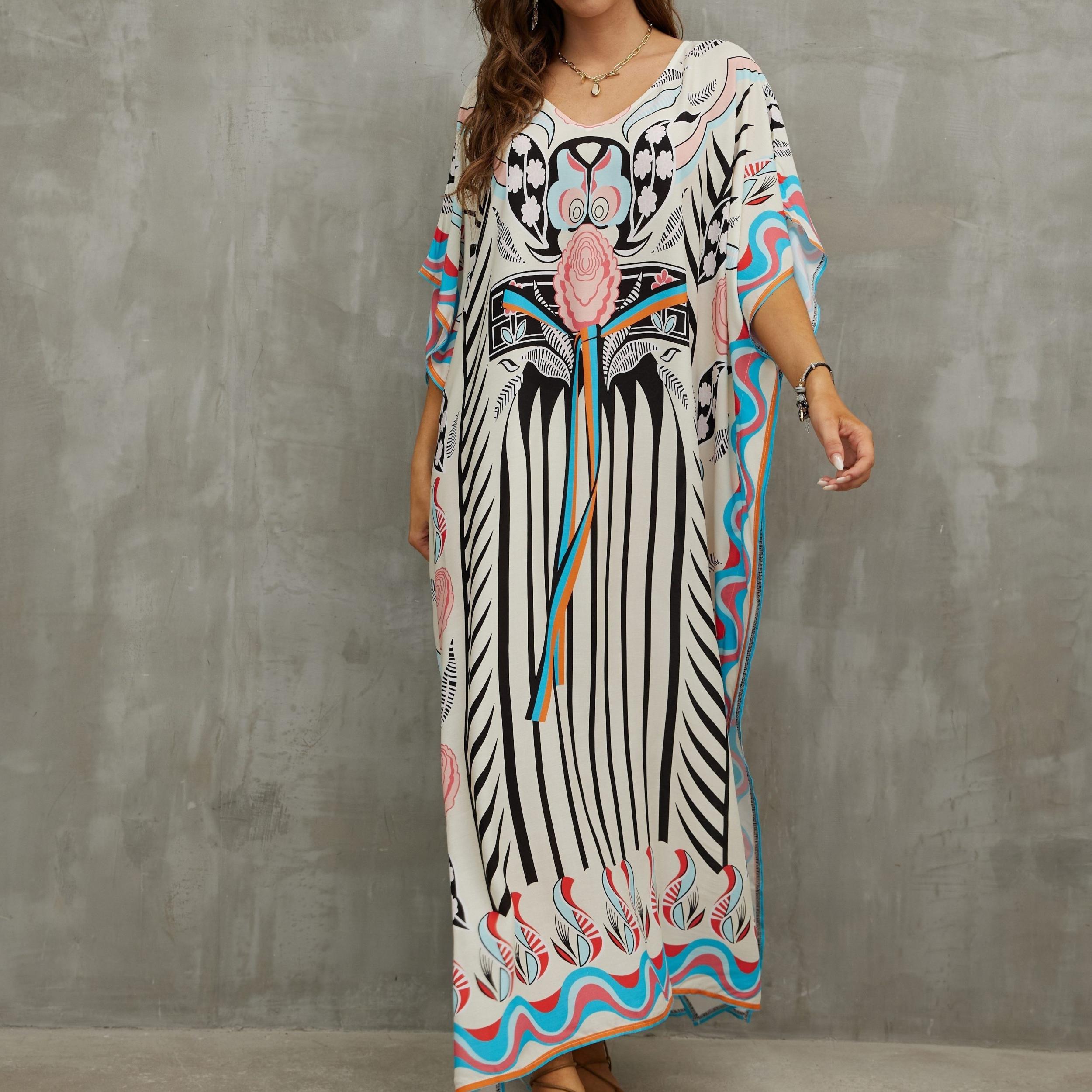 Boho Cover Up Dress Women's Plus Floral Print Bat Sleeve V Neck