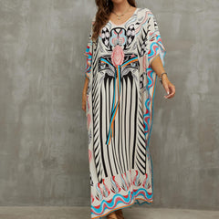 Boho Cover Up Dress Women's Plus Floral Print Bat Sleeve V Neck