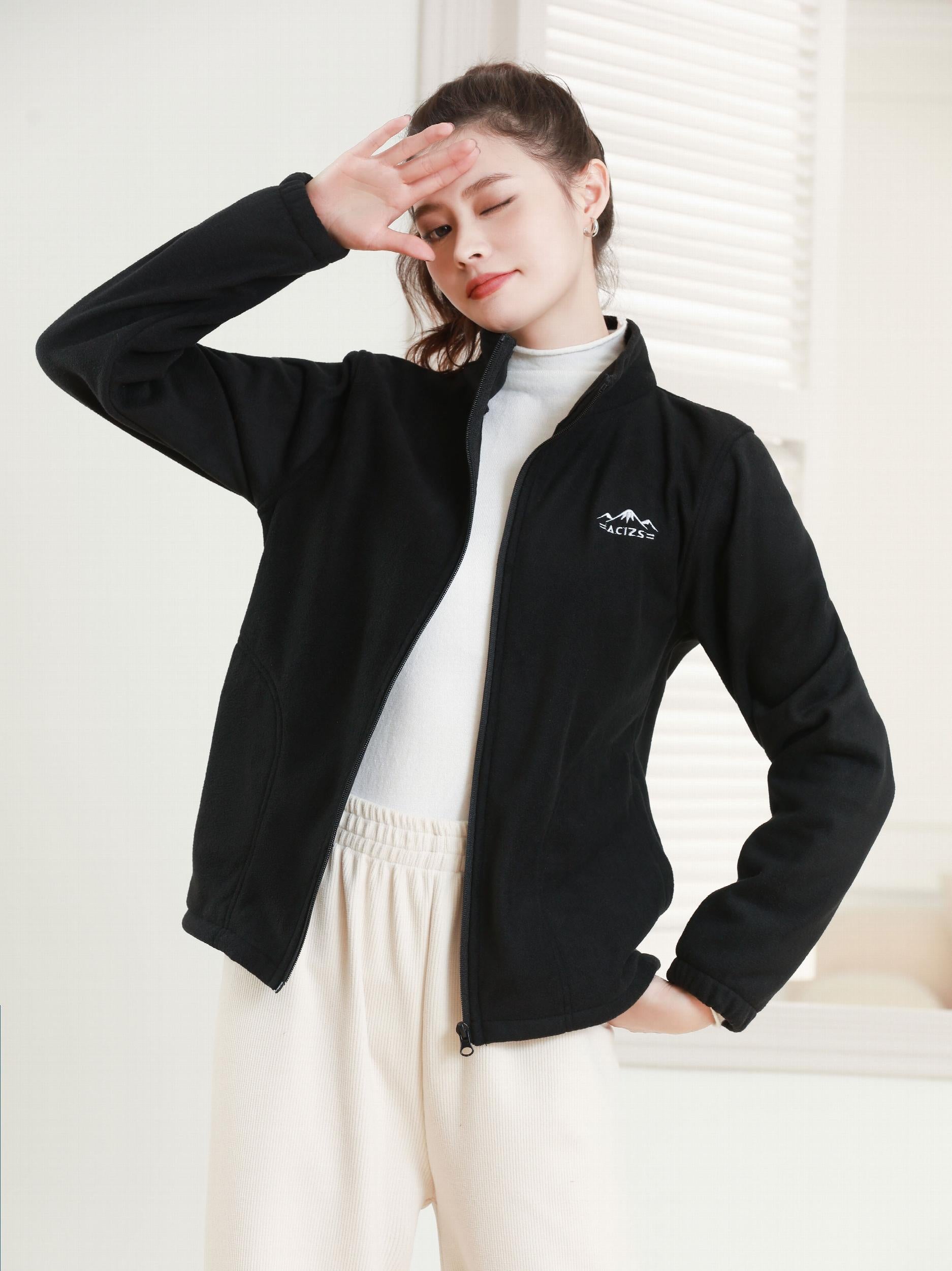 Solid Fleece Casual Jacket Stand Collar Full Zip