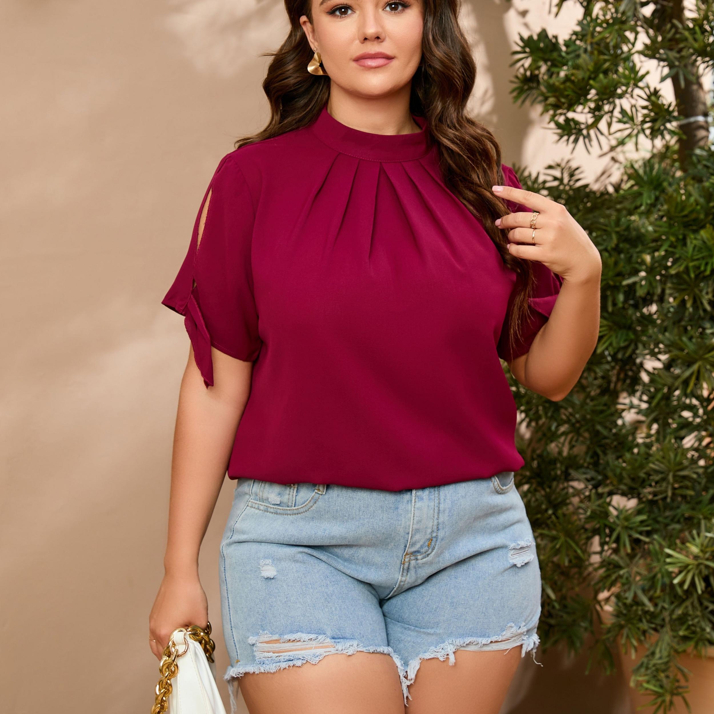 Solid Mock Neck Ruched Tie Sleeve Blouse